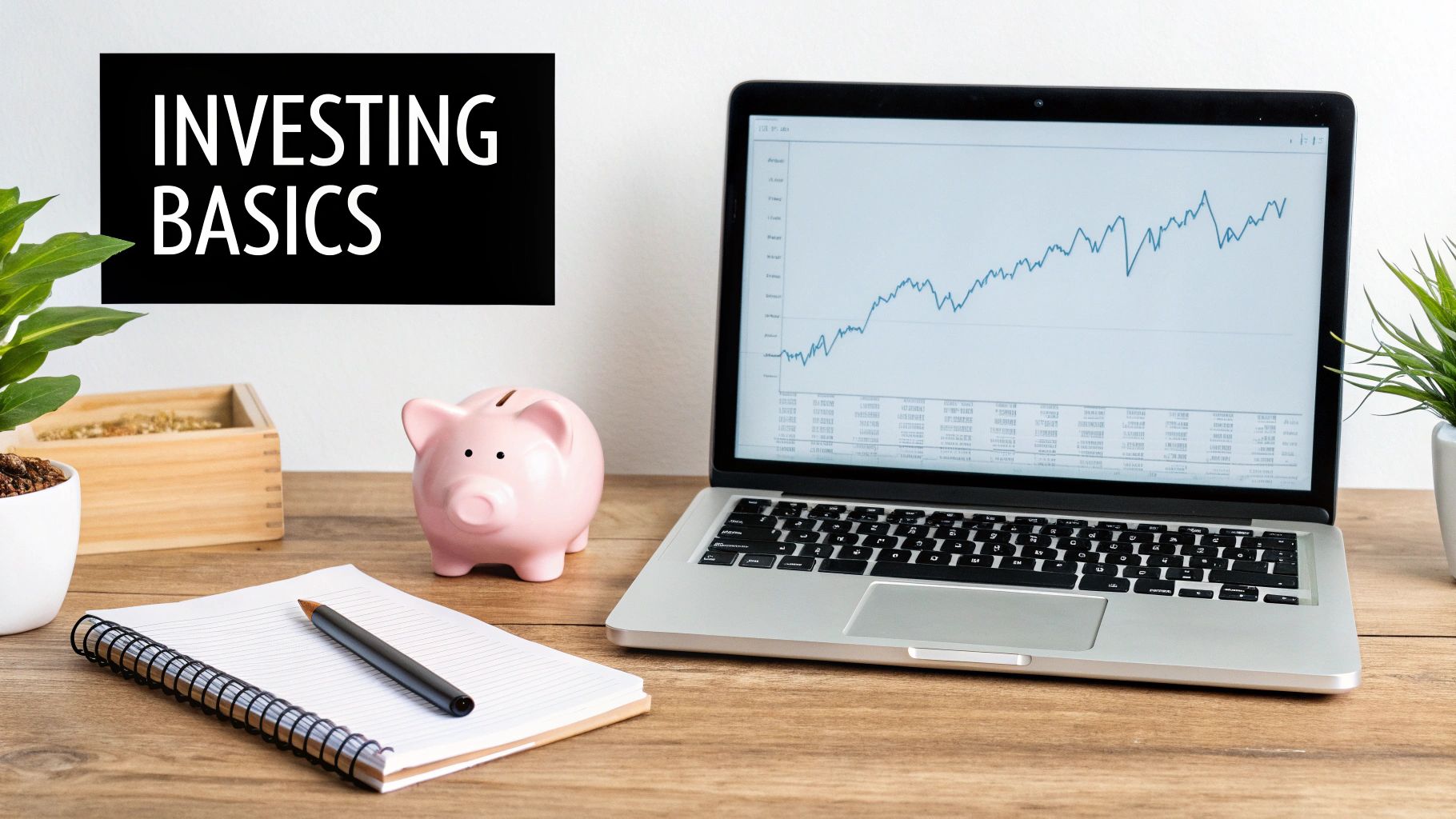 A desk with a laptop displaying a stock graph, a pink piggy bank, a notebook, and an 'Investing Basics' sign.