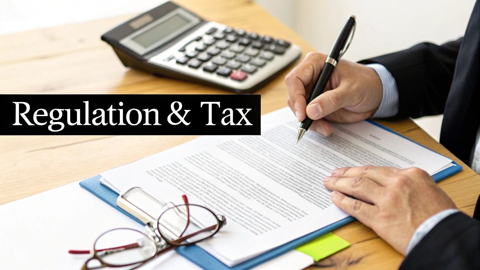 A person's hands signing a document with a pen, calculator, and glasses on a wooden desk. Text reads "Regulation & Tax."