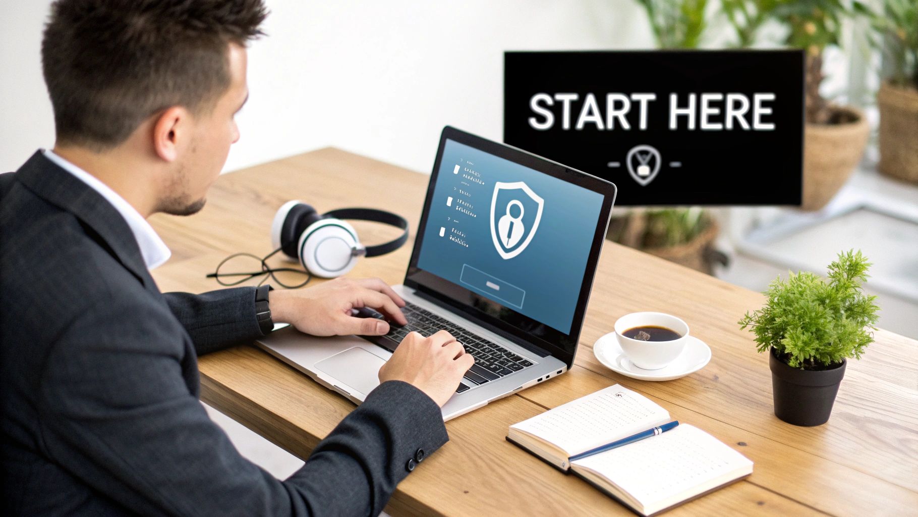 A man in a suit types on a laptop displaying a security shield icon on a wooden desk.