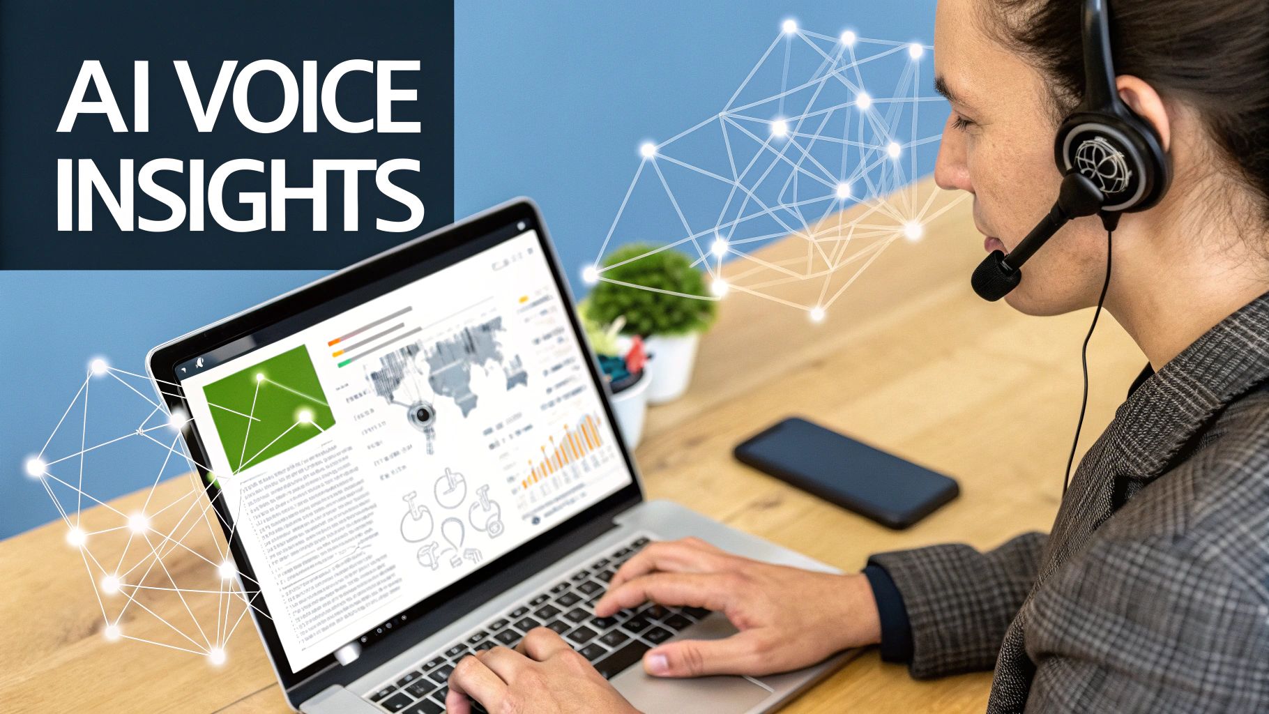 A person wearing a headset types on a laptop displaying AI voice insights and data visualizations, with network connections.