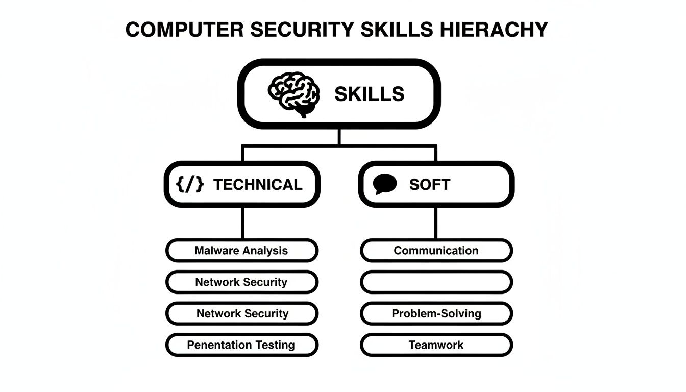 A hierarchy diagram illustrating computer security skills, categorized into technical and soft skills, with examples.
