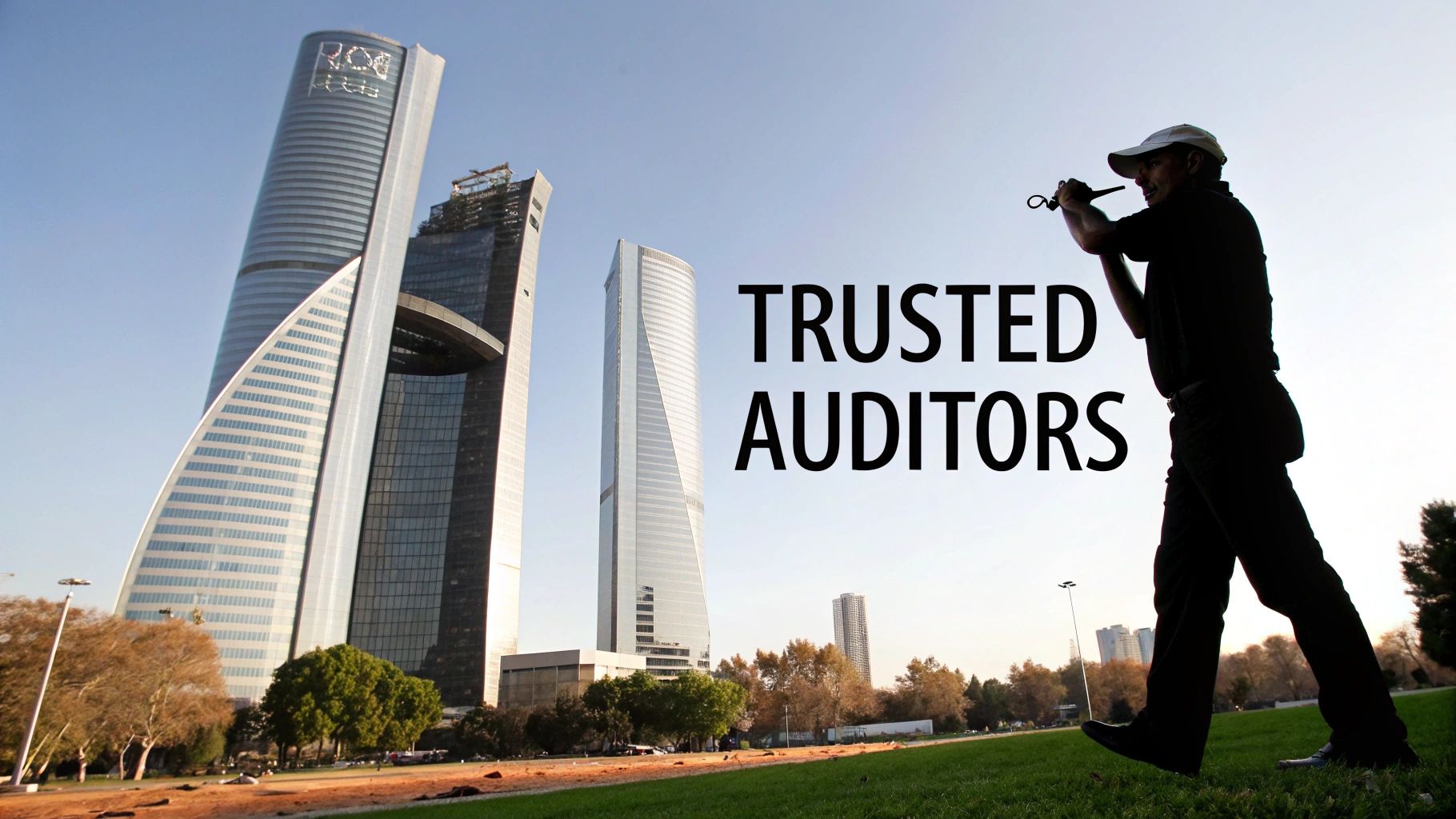Silhouette of a man looking through an instrument with modern skyscrapers and 'TRUSTED AUDITORS' text.