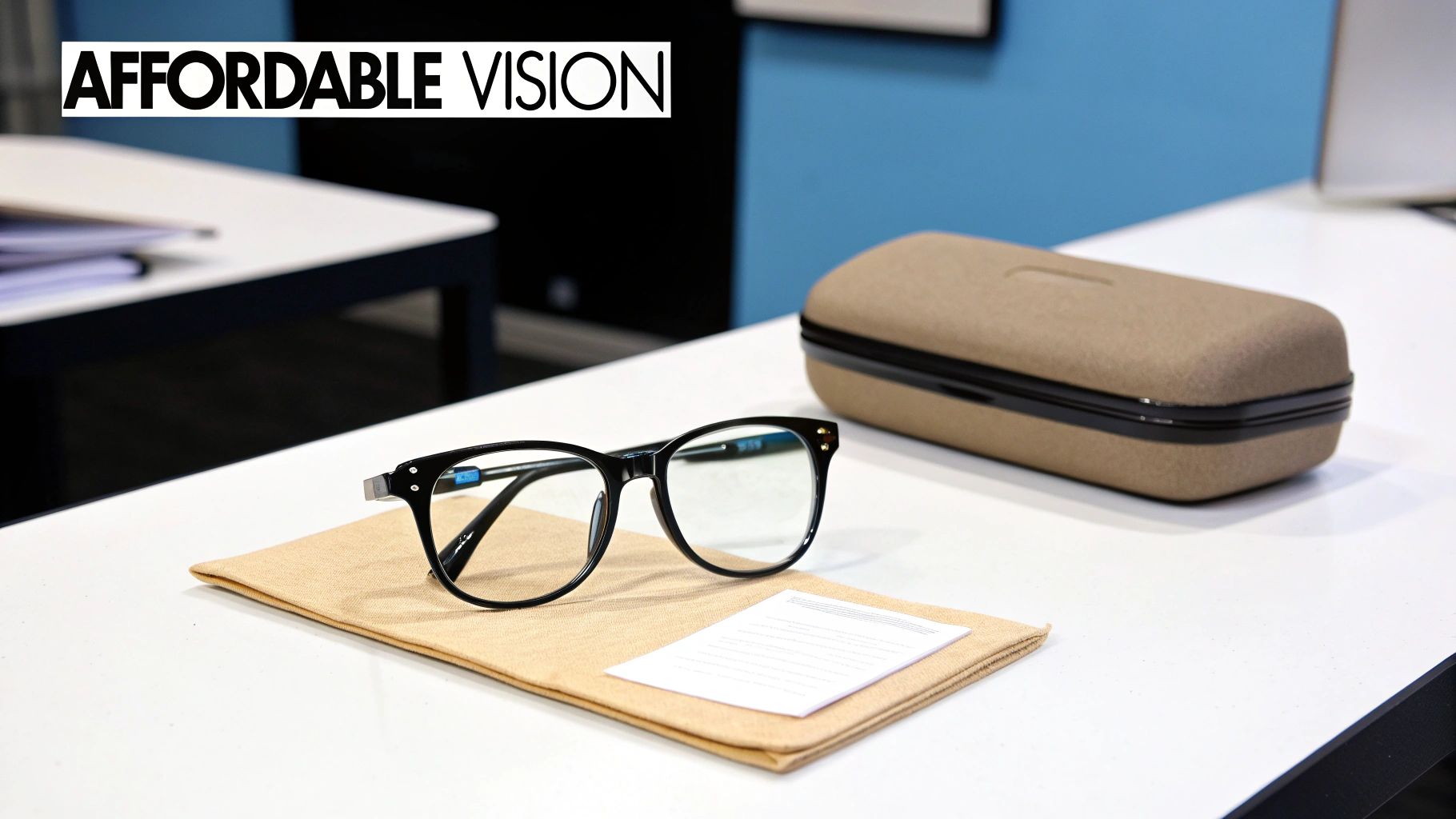 Black-framed glasses on a brown cloth next to a case, with 'AFFORDABLE VISION' text.