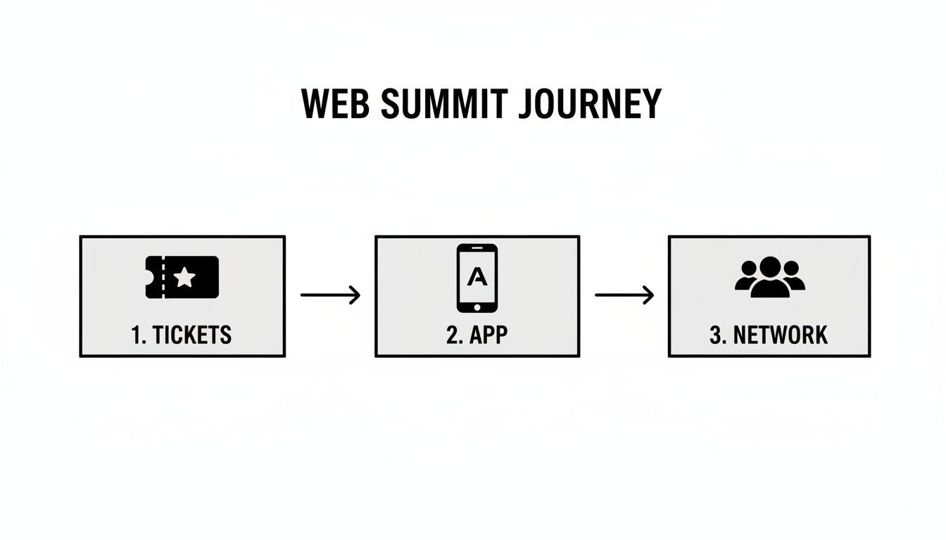 Flowchart illustrating the Web Summit journey, showing steps for tickets, app usage, and networking.