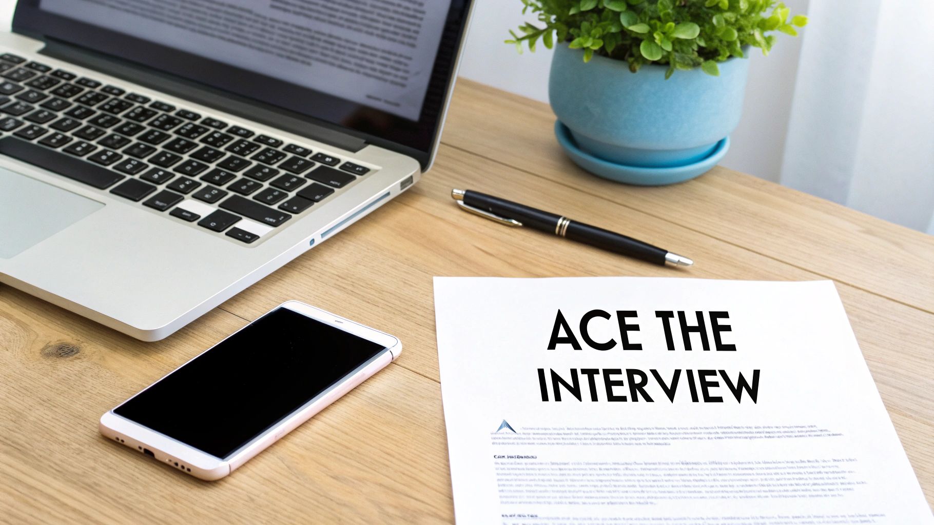 A wooden desk with a laptop, smartphone, pen, plant, and a document titled 'ACE THE INTERVIEW'.
