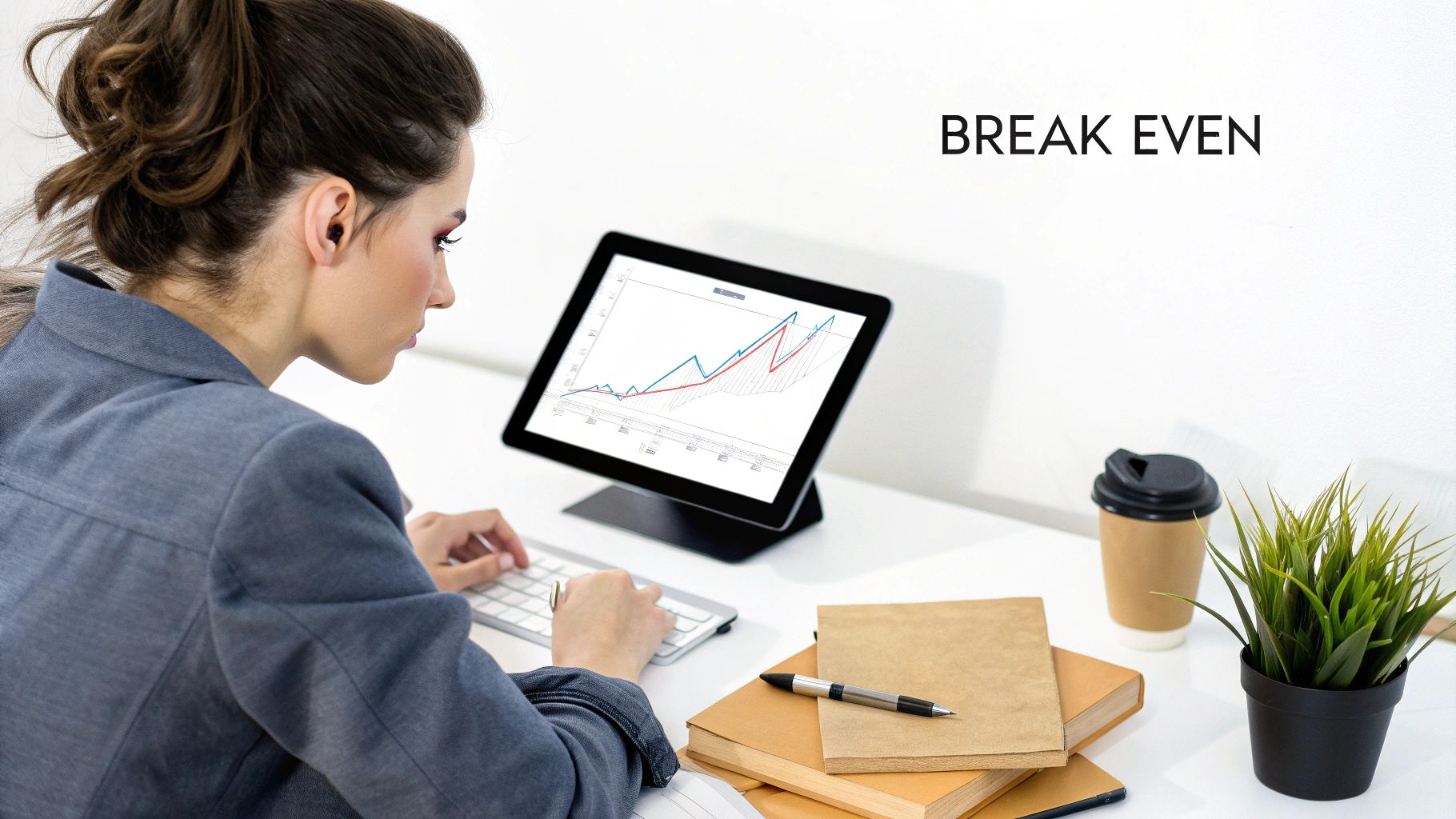 A woman analyzes a break-even chart on a tablet at a modern office desk.