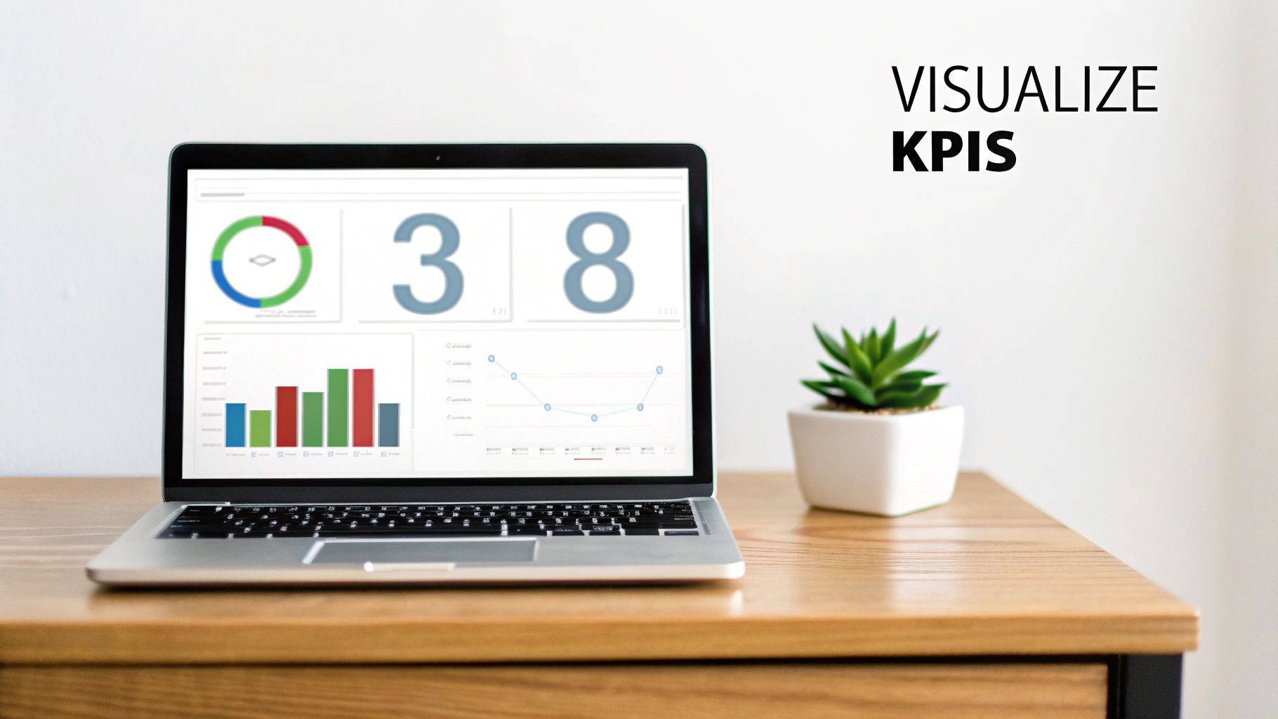 A laptop on a wooden desk displays a dashboard with various KPI charts and large numbers.
