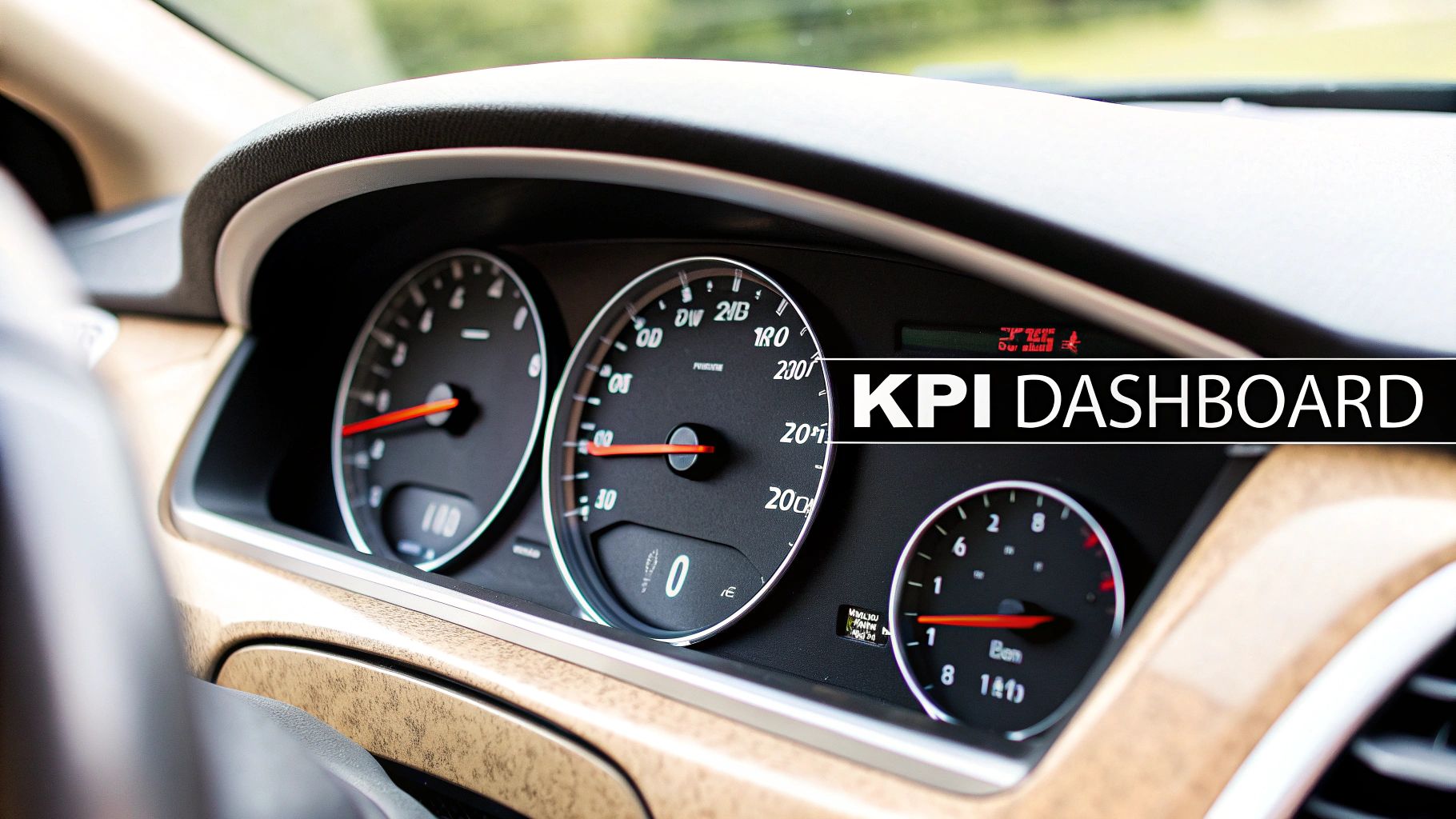 A close-up view of a modern car dashboard with gauges and a "KPI DASHBOARD" overlay.