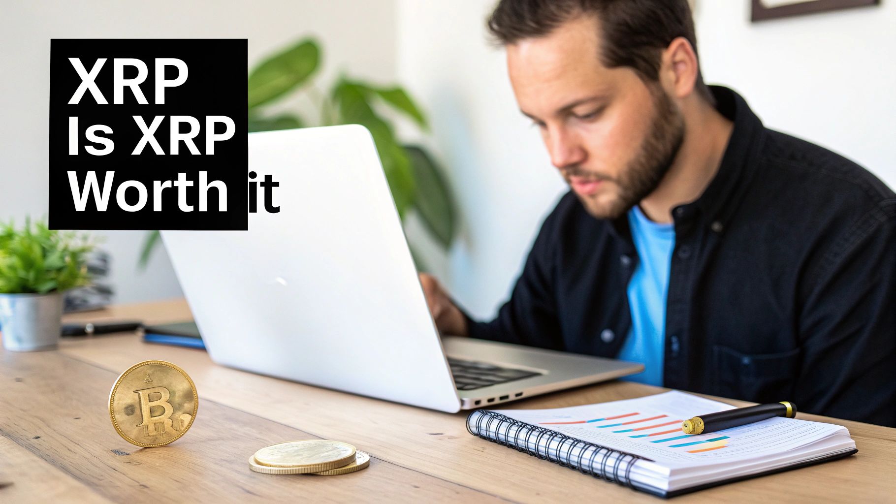 A man is focused on a laptop with a cryptocurrency coin, charts, and "XRP Is XRP Worth it" text.