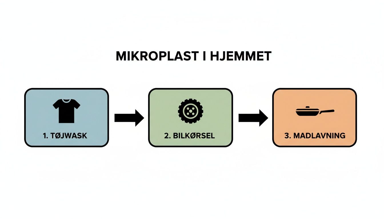 En infografik der viser kilder til mikroplastik i hjemmet: t&oslash;jvask, bilk&oslash;rsel og madlavning.