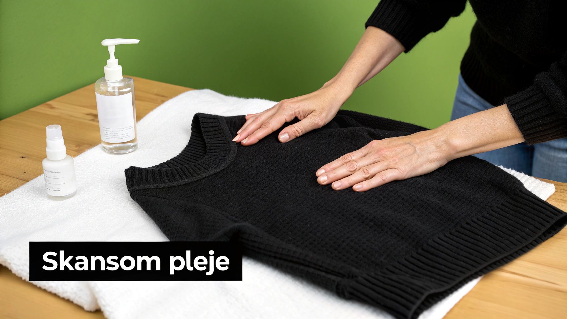 En kvinde presser en sort striktr&oslash;je flad p&aring; et hvidt h&aring;ndkl&aelig;de som del af t&oslash;jpleje.