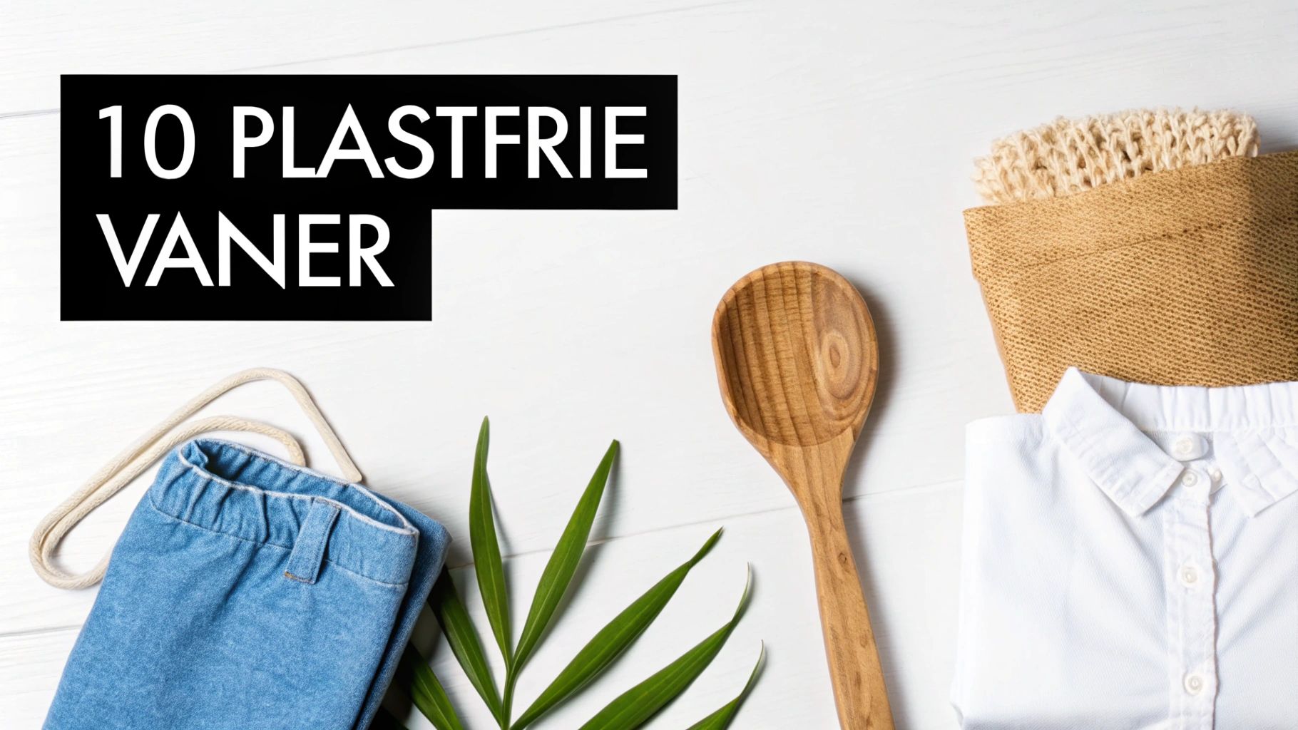 En oversigt over 10 plastfrie vaner med b&aelig;redygtige produkter som t&oslash;j, tr&aelig;ske og stofpose p&aring; en hvid tr&aelig;baggrund.