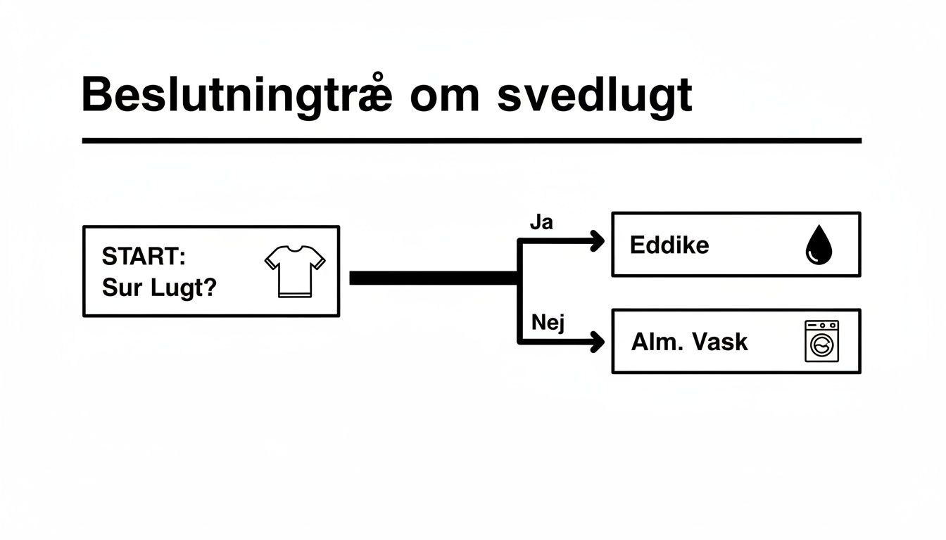 Beslutningstr&aelig;, der guider til fjernelse af svedlugt fra t&oslash;j, med valgmulighederne eddike eller almindelig vask.