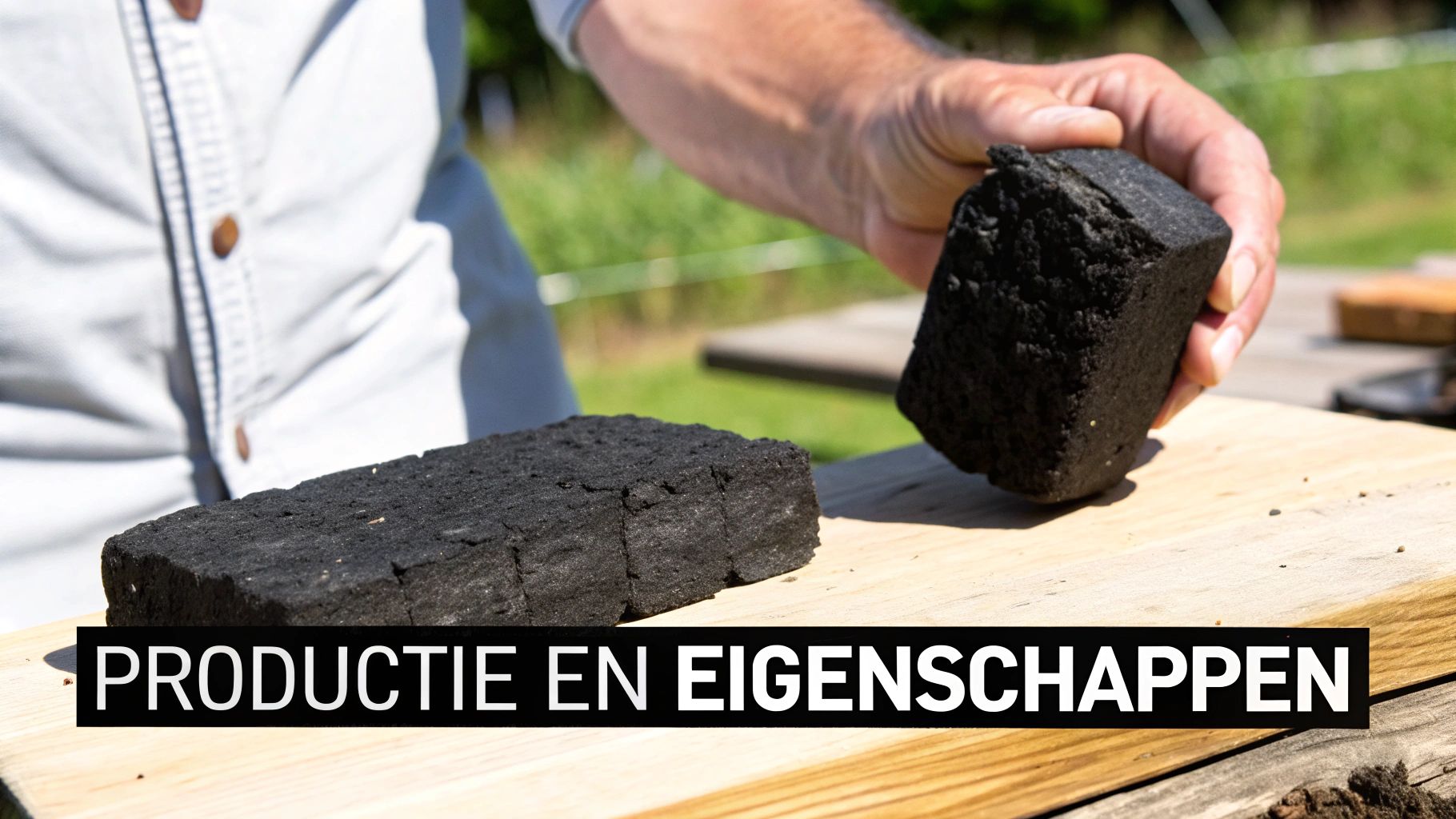 Een close-up van houtskool en briketten die naast elkaar liggen