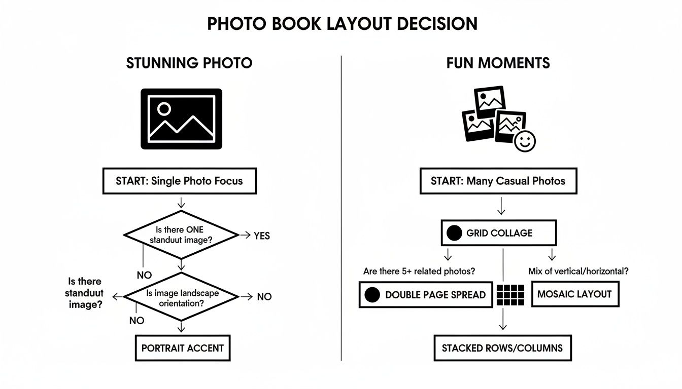 Flowchart guiding photo book layout decisions for stunning single photos or multiple fun moments.