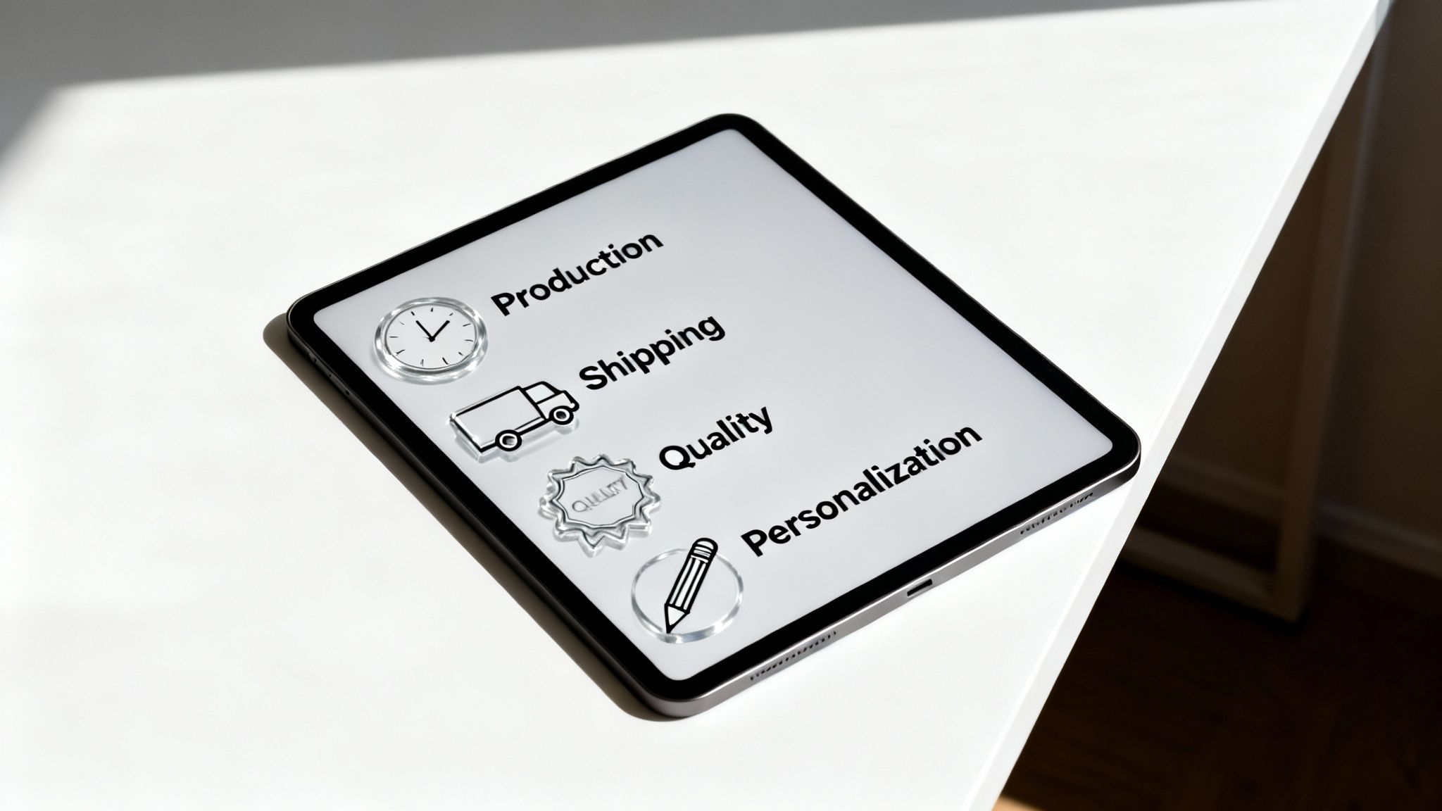 A tablet displays a list of key business services: Production, Shipping, Quality, and Personalization, with icons.