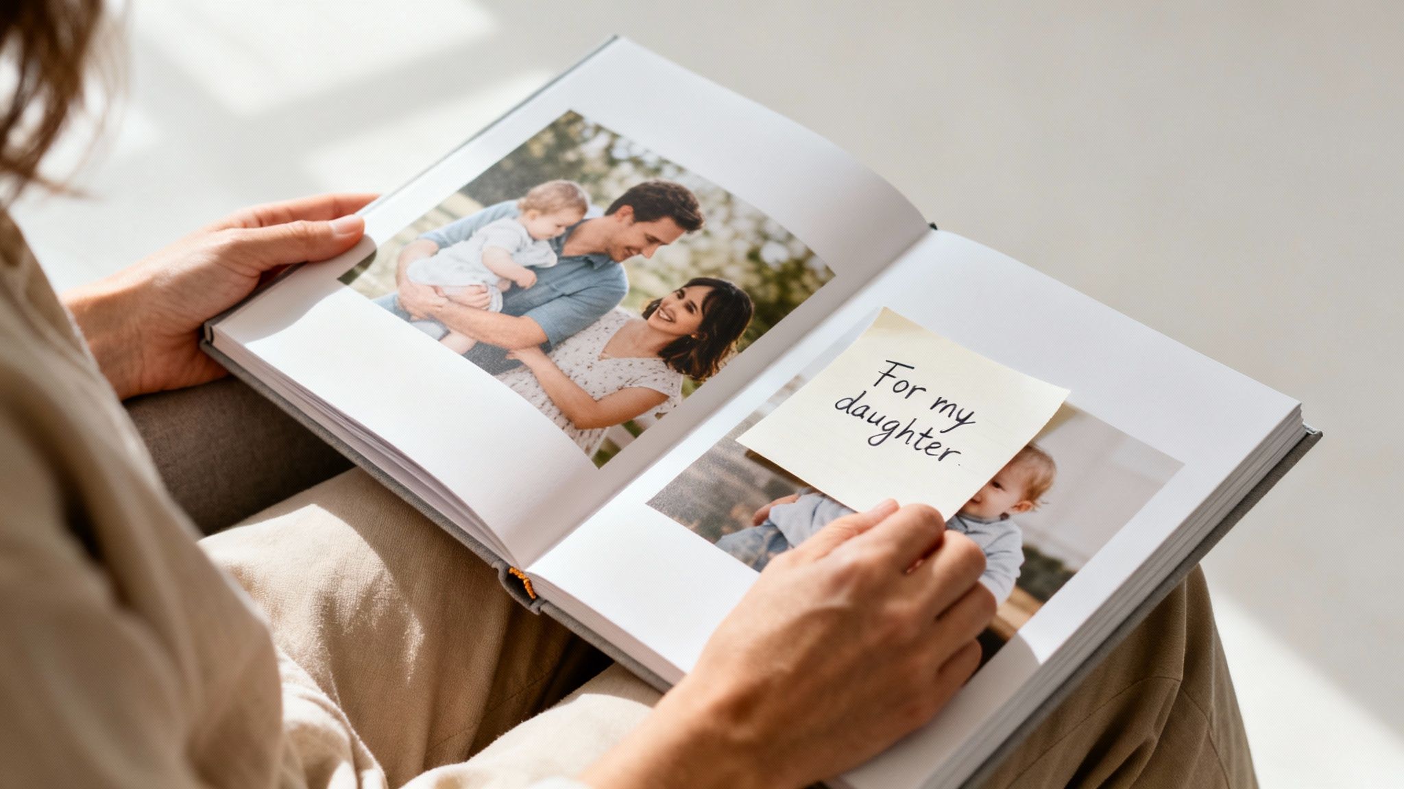 A person holds an open photo album with family pictures and a sticky note 'For my daughter'.