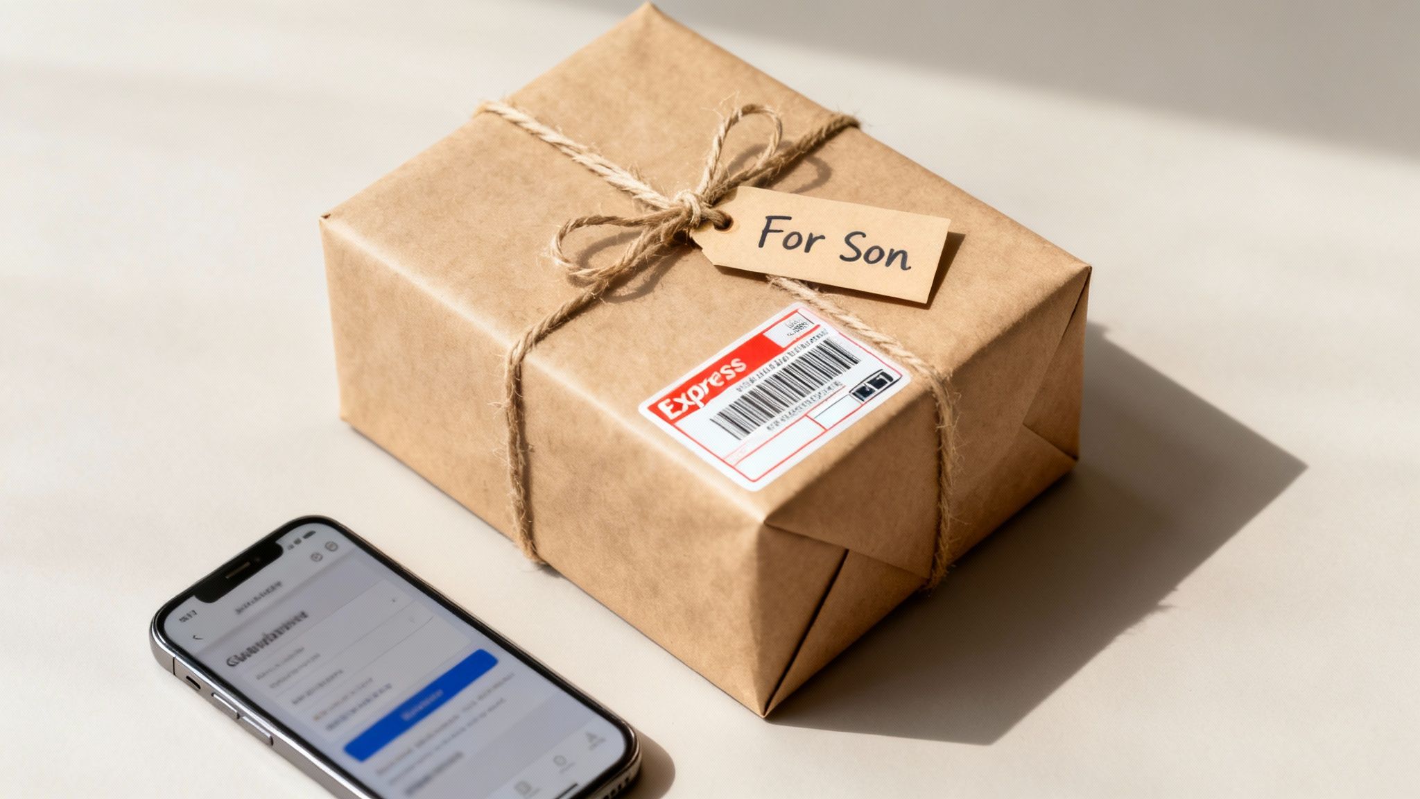 A brown paper gift box with a 'For Son' tag and express shipping label, next to a smartphone.