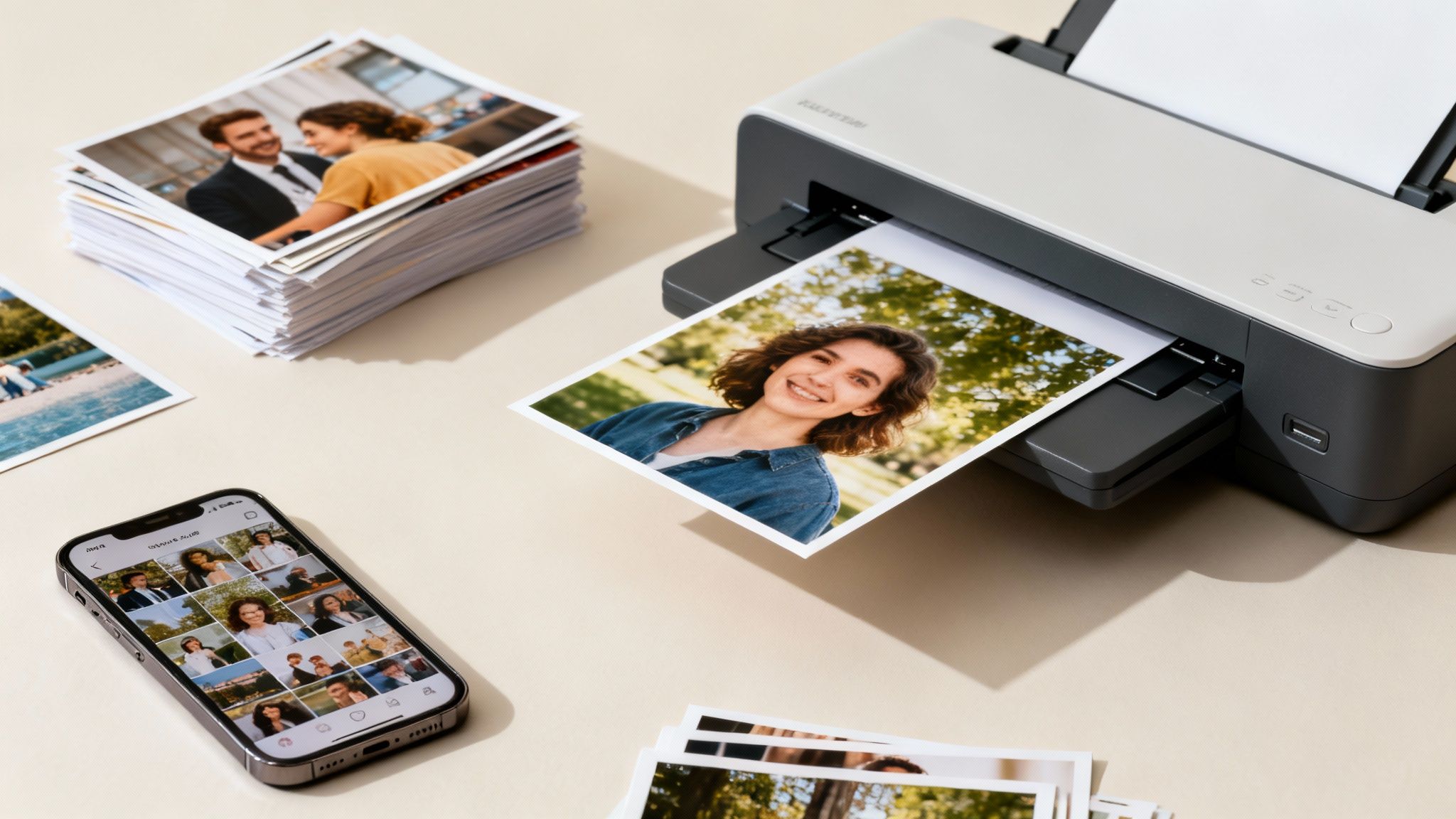 A photo printer outputs a picture of a smiling woman, surrounded by a stack of printed photos and a smartphone.
