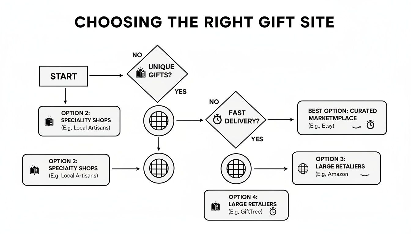 A flowchart guiding users to choose the right gift site based on unique gifts and fast delivery needs.