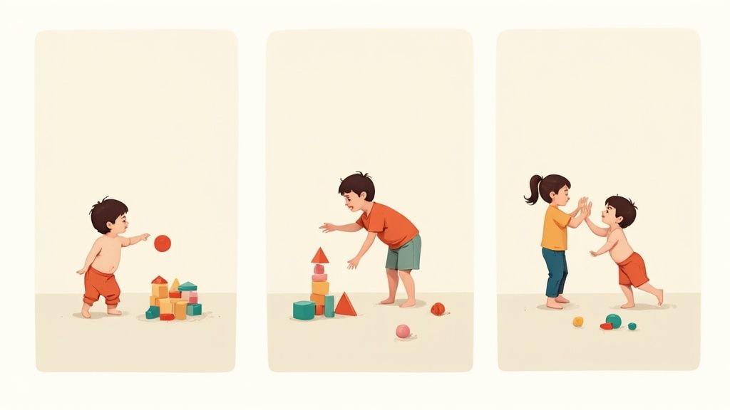 A toddler and an adult play together with colorful wooden shape toys on a light-colored floor, creating a tower.