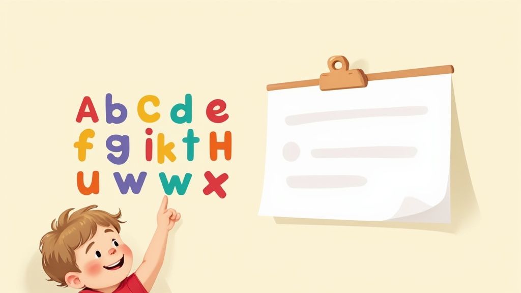 A happy boy points to colorful alphabet letters on a wall next to a blank clipboard.