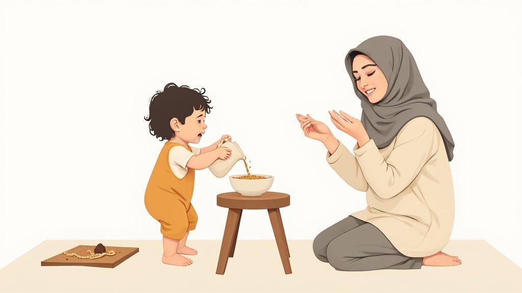 A young Muslim child and their parent look at a visual schedule together, which includes icons for prayer, meals, and playtime.