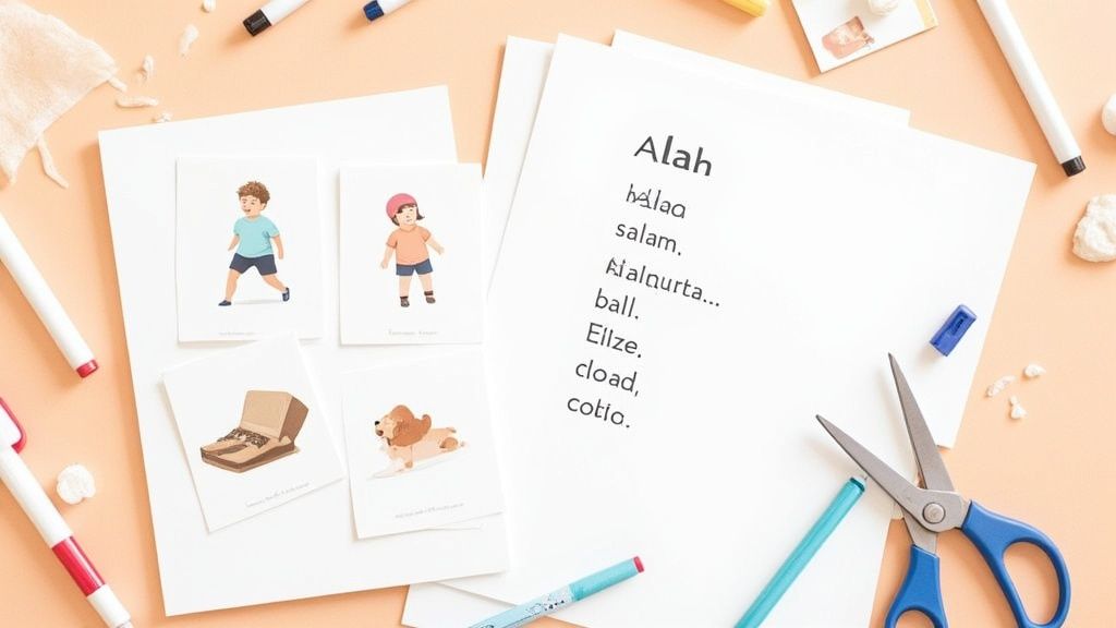 Flat lay of children's illustrated flashcards, word lists, pens, and scissors on an orange table.