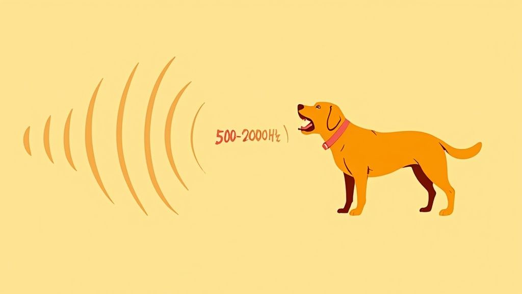 An orange dog barks with sound waves illustrating a frequency range of 500-2000Hz.