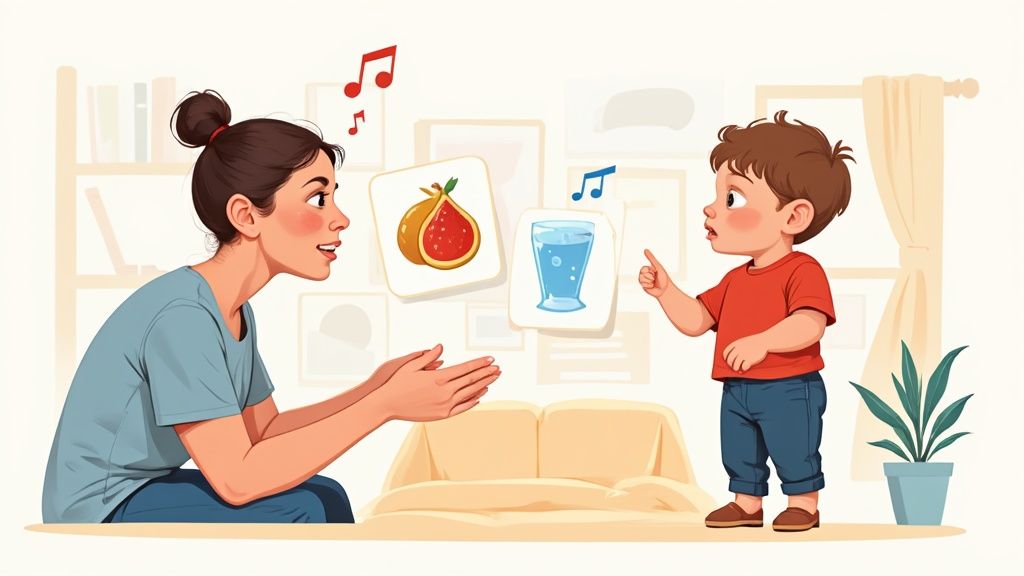 Woman and toddler engaging in early language learning with fruit and water flashcards.