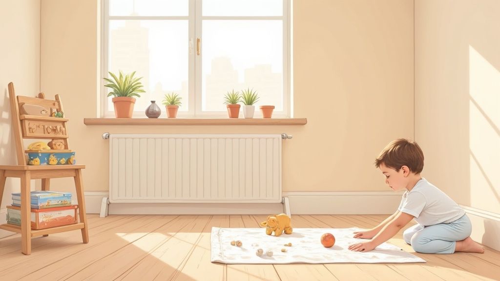 A Muslim mother and her toddler play together with wooden blocks in a calm, sunlit room.