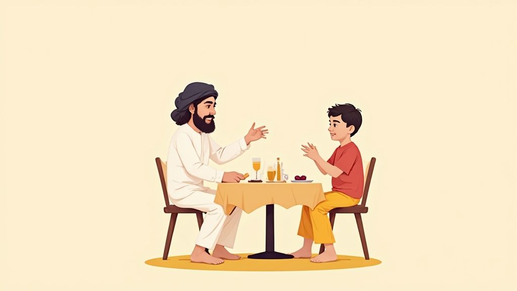 An adult man and a young boy happily converse at a table, enjoying a meal together.