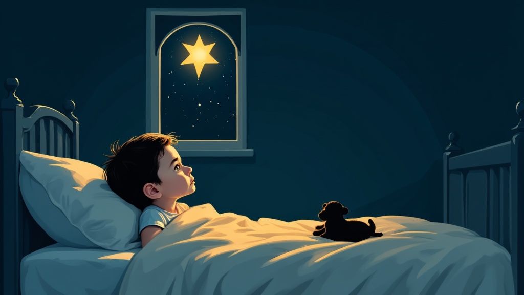 A young child lies in bed at night, looking out the window at a bright star.