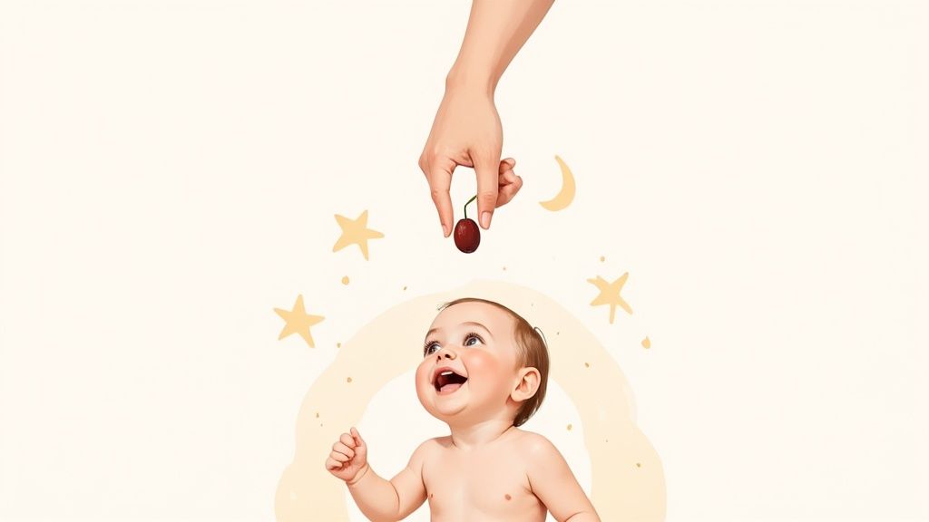 A happy baby looks up with excitement at a hand offering a red cherry, surrounded by stars and a moon.