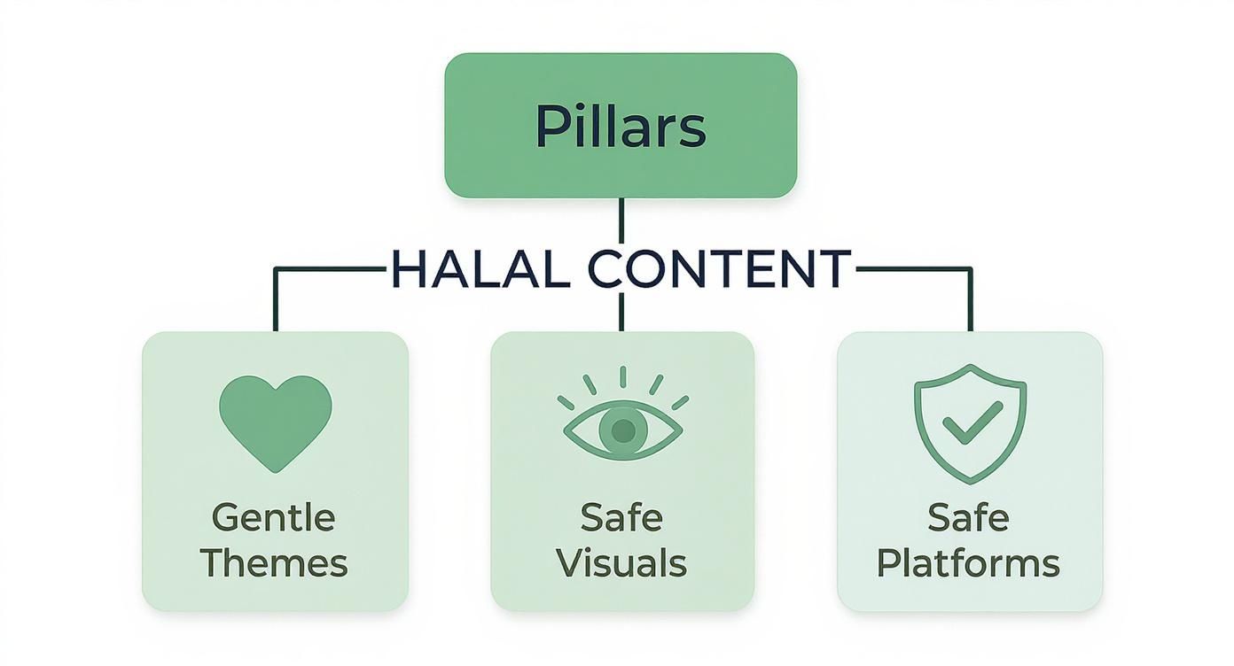A diagram illustrates the pillars of halal content: gentle themes, safe visuals, and safe platforms.