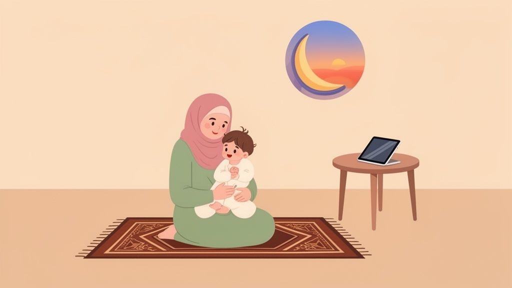 A Muslim mother in a hijab kneels on a prayer rug, gently holding her smiling baby. A laptop sits on a small table nearby, with a crescent moon and sun art on the wall.