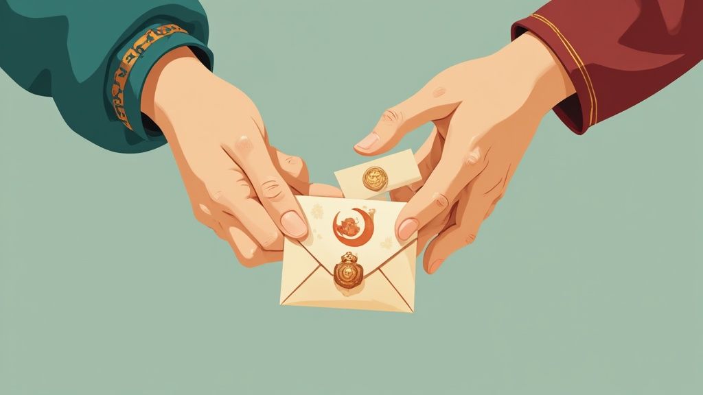 Two hands exchanging decorative envelopes with wax seals, set against a calm blue-green background.