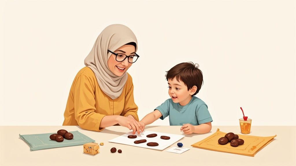 A smiling woman in a hijab and a young boy engaging in a learning activity with dates.