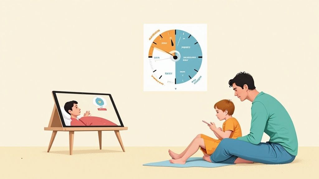 A mother and toddler sitting together, pointing at a tablet showing a calm video, illustrating co-watching.