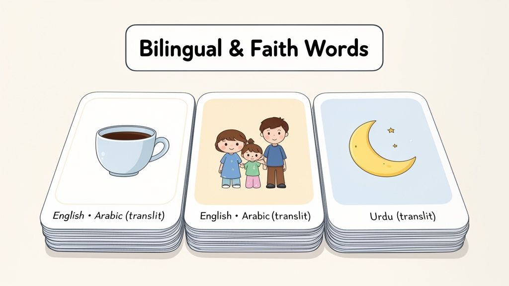 Three stacks of bilingual and faith word flashcards featuring a coffee cup, a family, and a moon with stars.