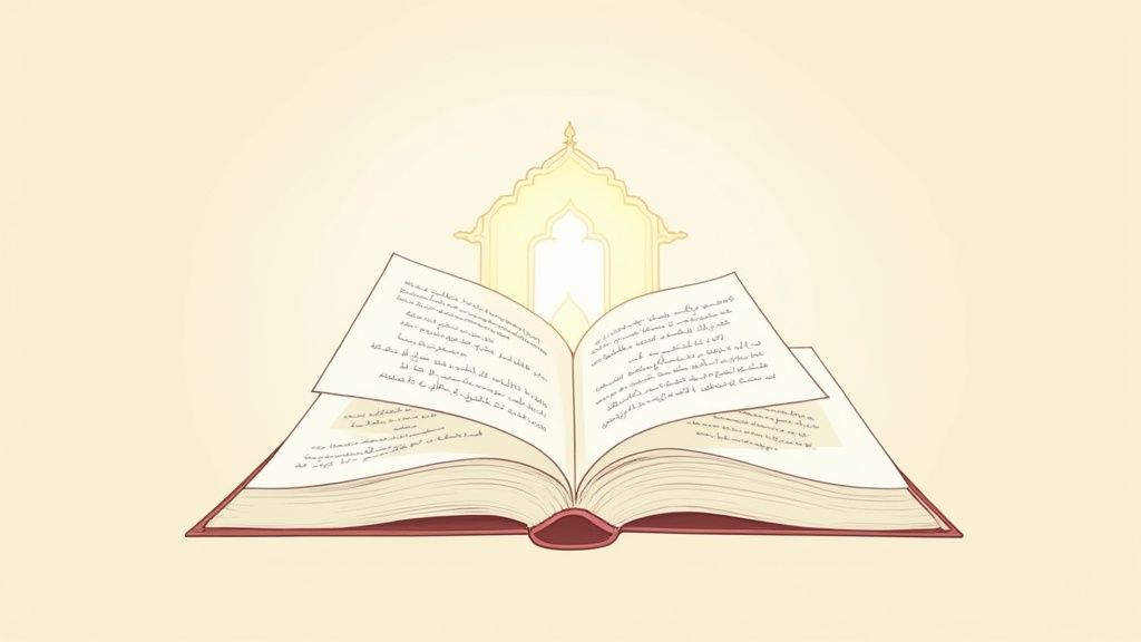 An open book with Arabic script illuminated by a glowing, ornate archway in the background.