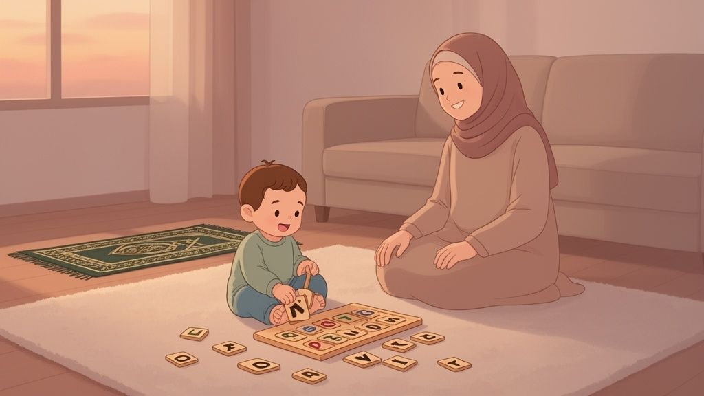A happy mother and child playing together with a wooden Arabic alphabet puzzle on a rug.