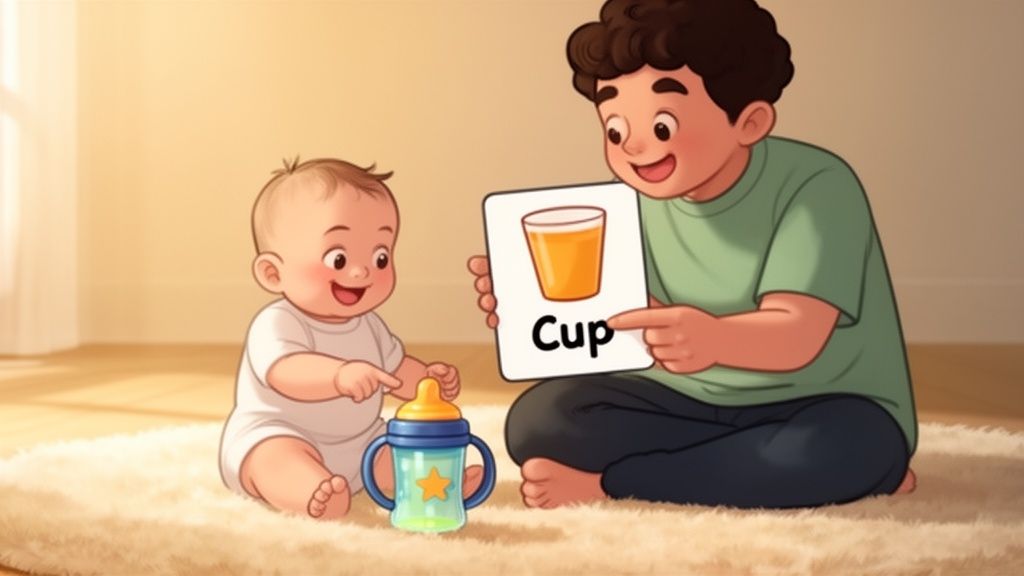 An adult and a baby joyfully learn words, pointing at a 'Cup' flashcard and a sippy cup.