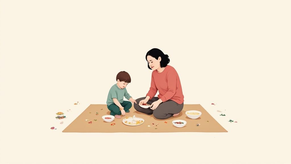 A mother and young child enjoy a messy meal together on a floor mat with bowls of food.