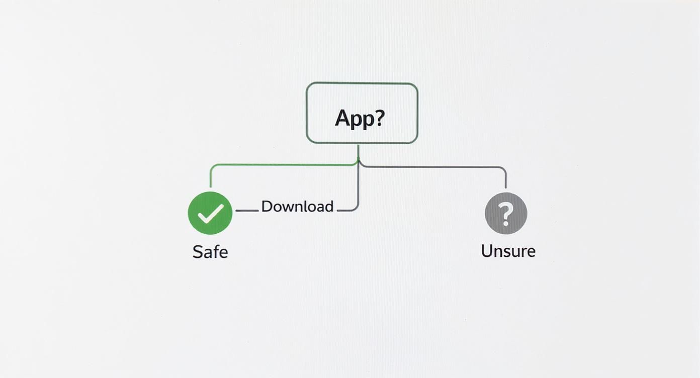 Decision tree flowchart showing app download safety assessment with safe and unsure options