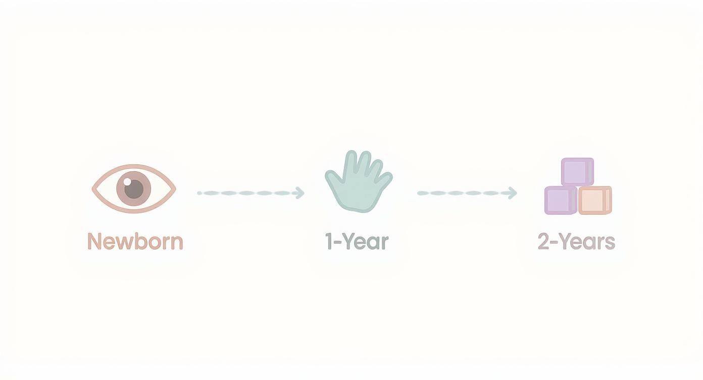 Developmental timeline showing an eye for newborn, a hand for 1-year, and blocks for 2-years.