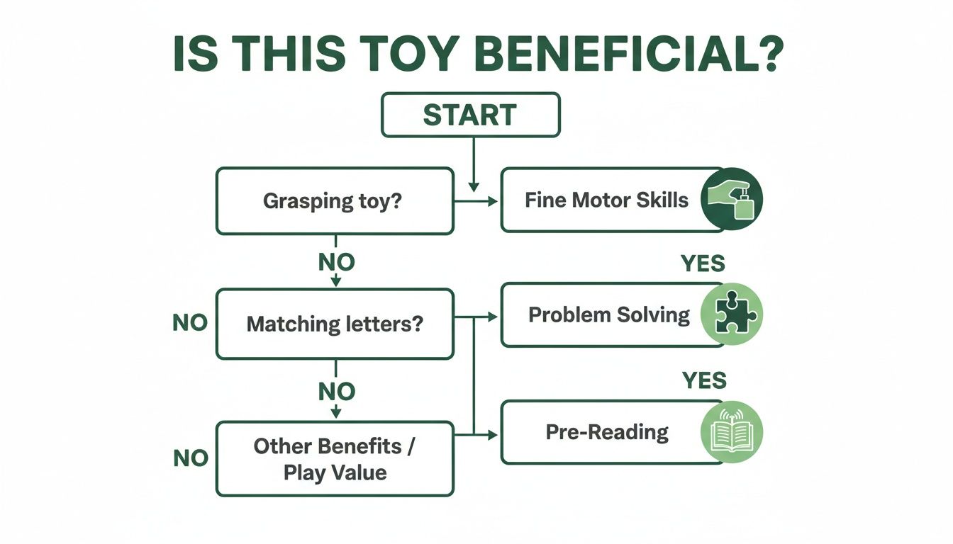 Flowchart asking 'Is This Toy Beneficial?' evaluates toys for fine motor skills, problem-solving, and pre-reading.