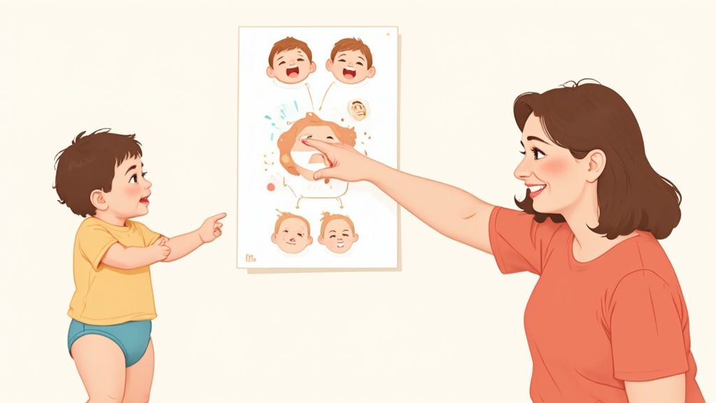 A smiling mother and baby engage with a chart depicting different facial emotions.