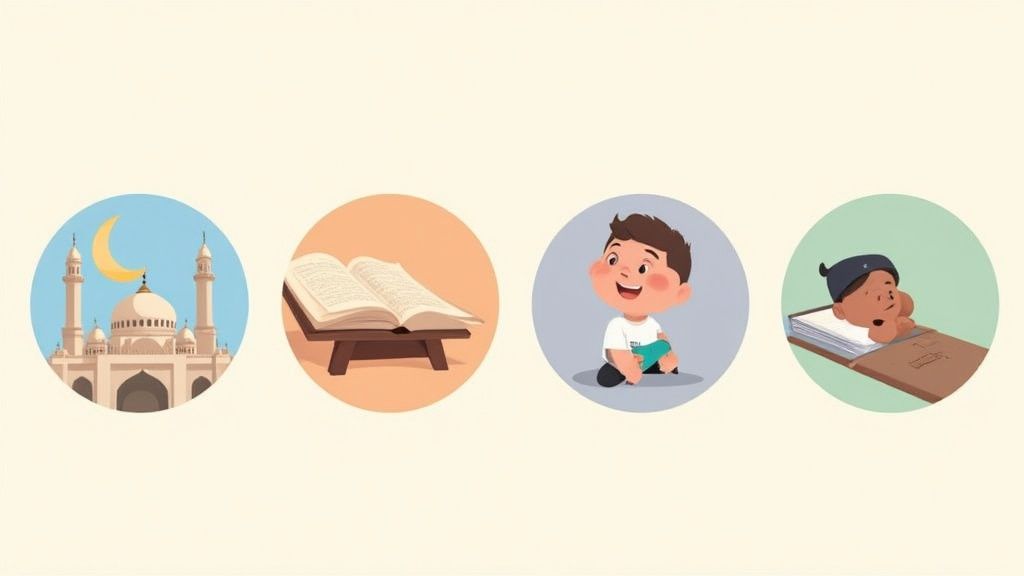 A Muslim mother and her toddler watching Islamic content together on a tablet.