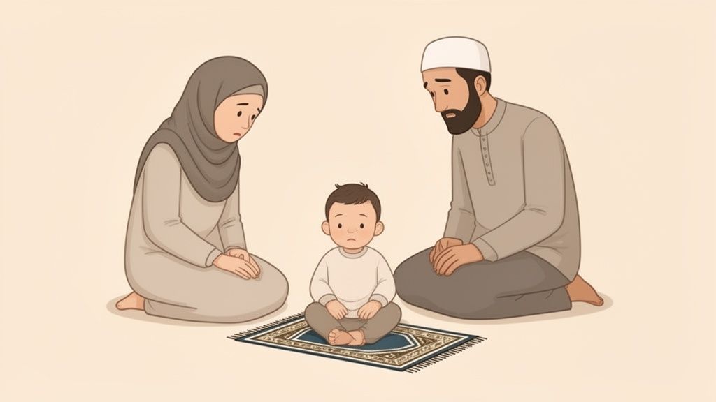 A concerned Muslim mother and father sit with their child, who is on a prayer mat.